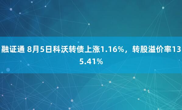融证通 8月5日科沃转债上涨1.16%，转股溢价率135.41%